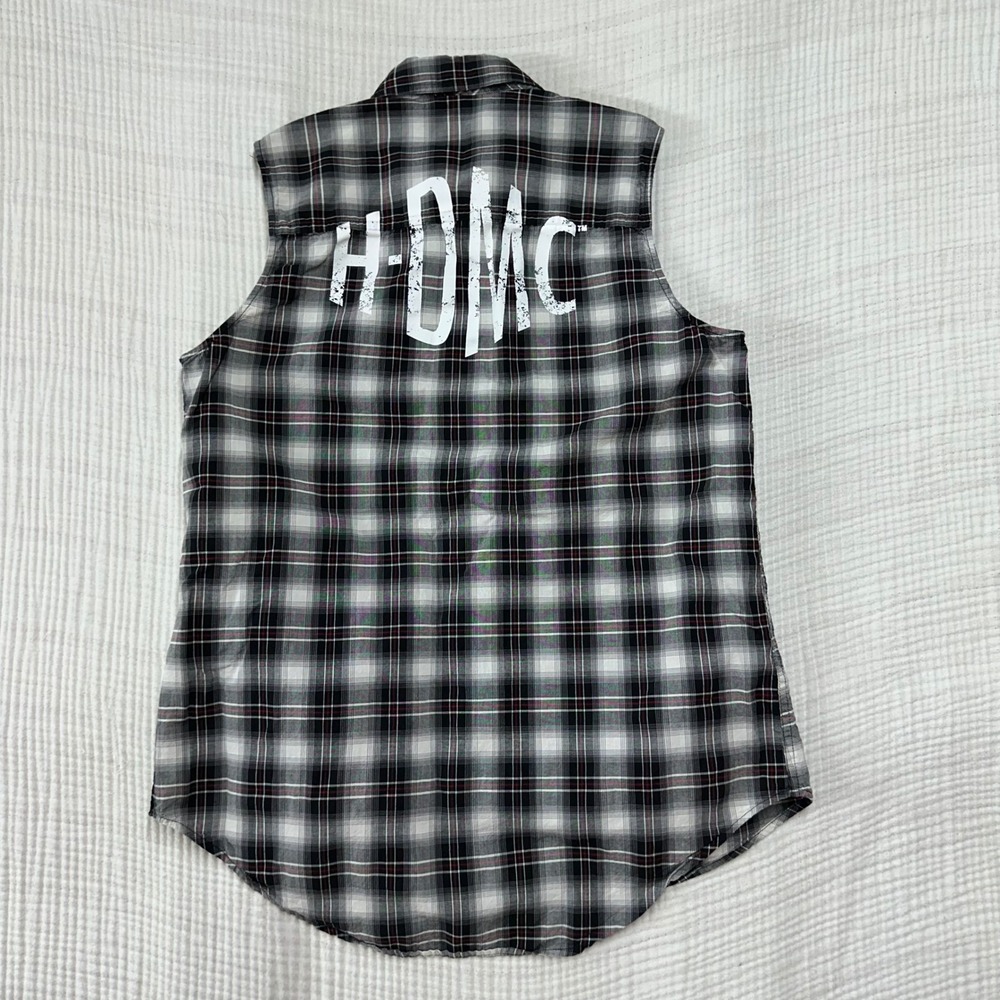HARLEY DAVIDSON HDMC Shirt Women's L White Black Plaid Button Down Sleeveless